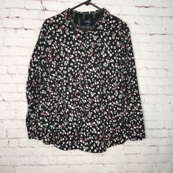 Chaps No Iron Women's Black Floral Long Sleeve Button Up Blouse Size 1X - Picture 1 of 7